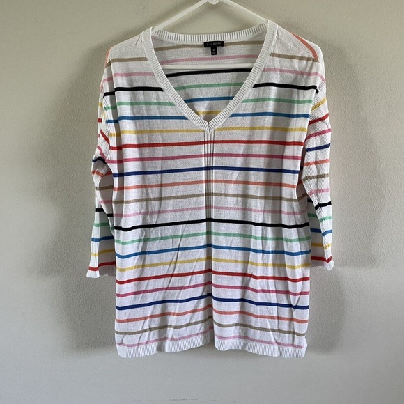 Talbots Rainbow Striped 3/4 Sleeve V Neck Pull Over Sweater Womens Size Medium - Picture 2 of 7